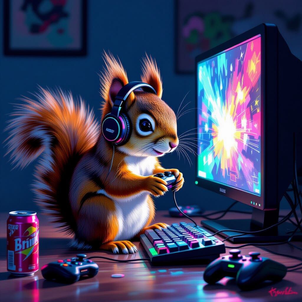 Cute Squirrel Gamer in Vivid Digital Painting Style