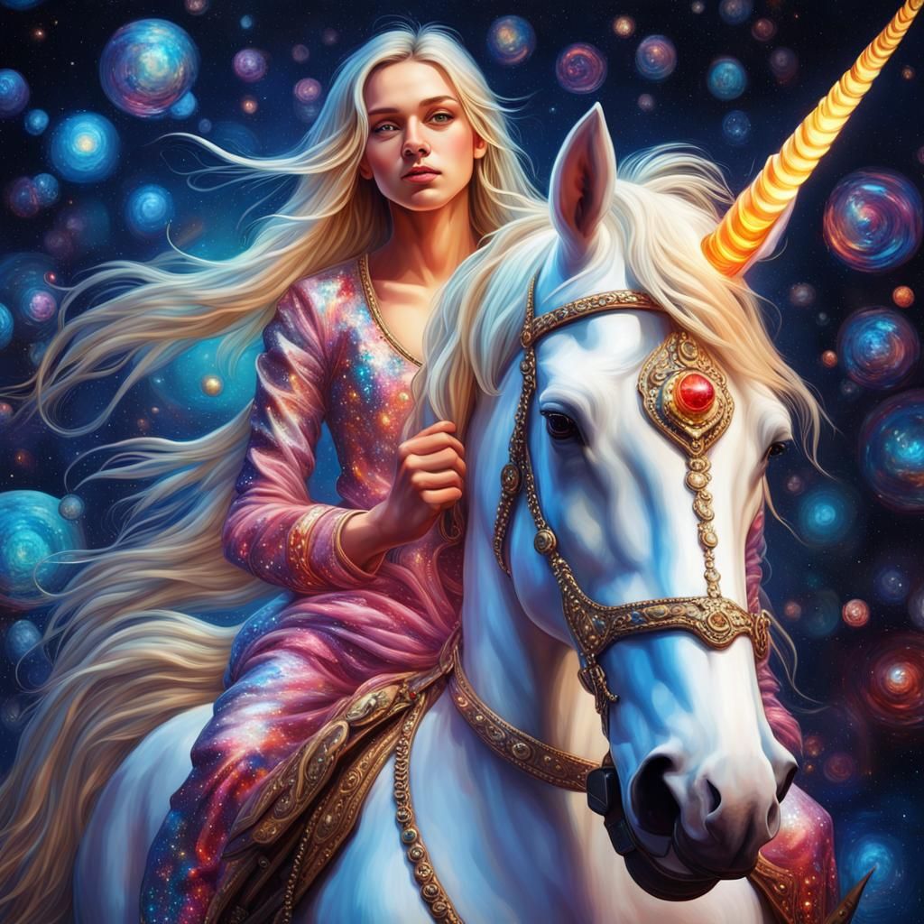 Girl on Jeweled Unicorn in Space, Alphonse Mucha Style