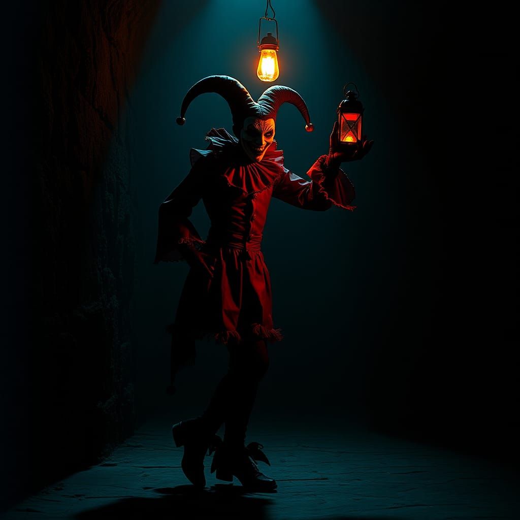 Haunting Jester Dances in Crimson Light