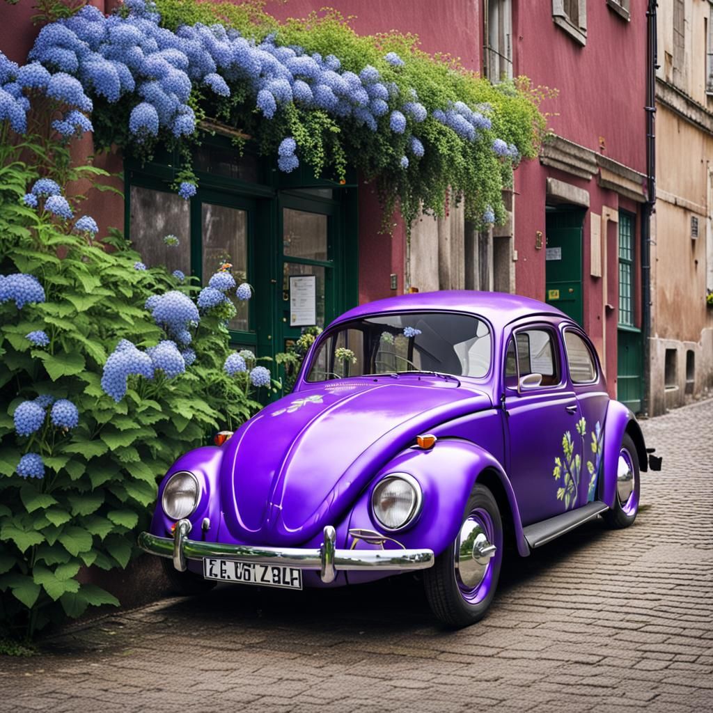 A purple Volkswagen Beetle from the 60s. It has forget-me-nots painted on its hood.
