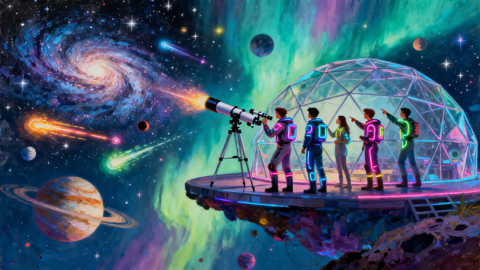 Futuristic Friends Stargazing on Space Platform