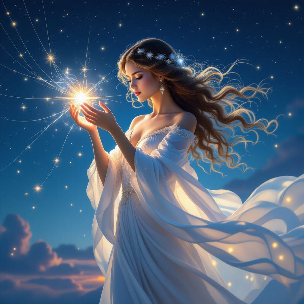 Ethereal Goddess Weaving Cosmic Light in Mystical Fantasy Re...