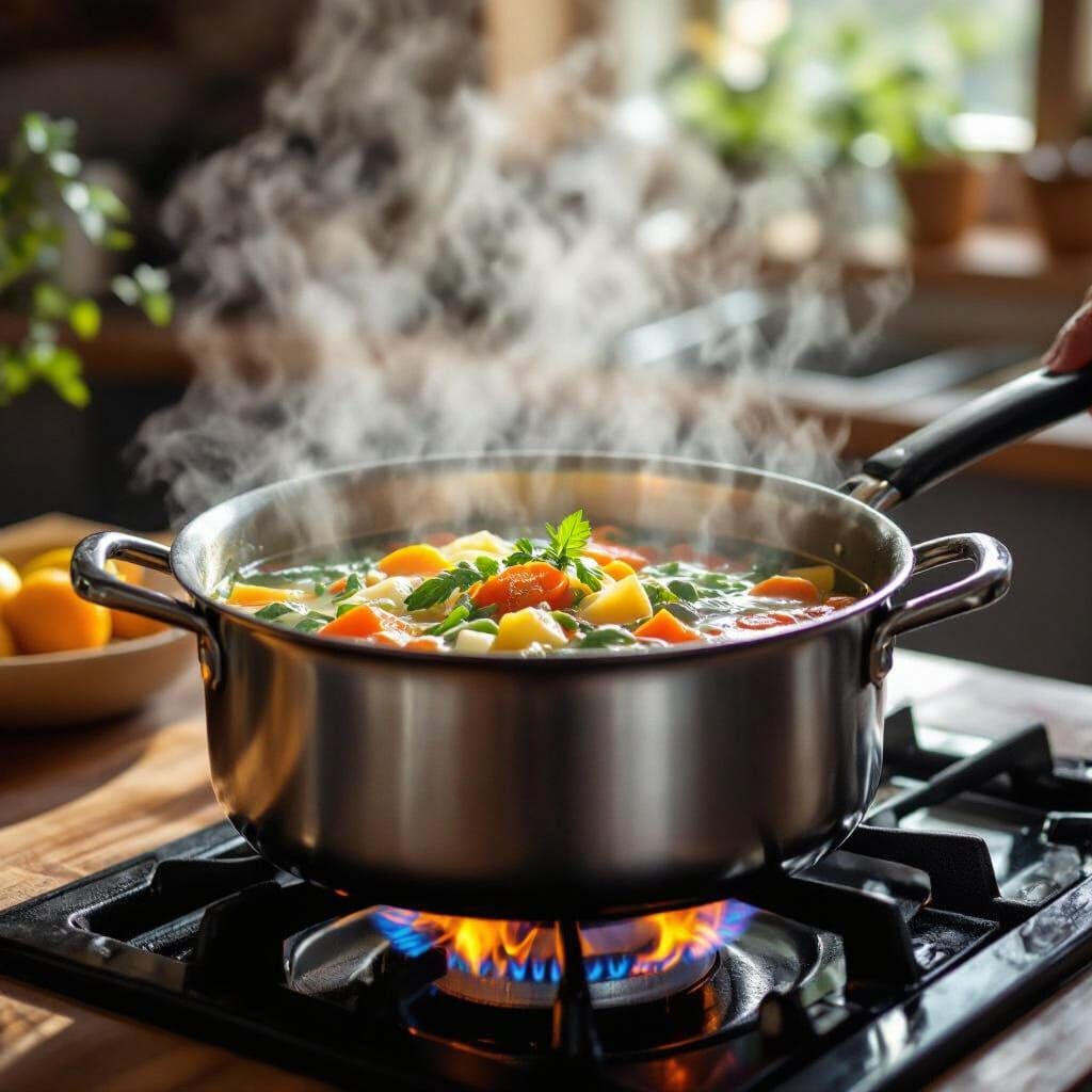 Boiling Soup Over Stove in Impressionist Oil Painting Style