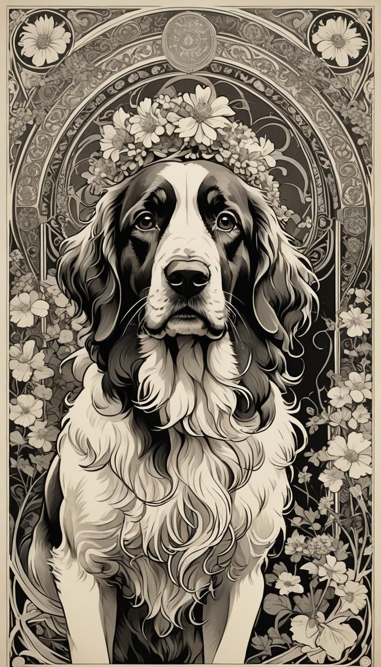 Schapendoes Dog Poster in Alphonse Mucha Style