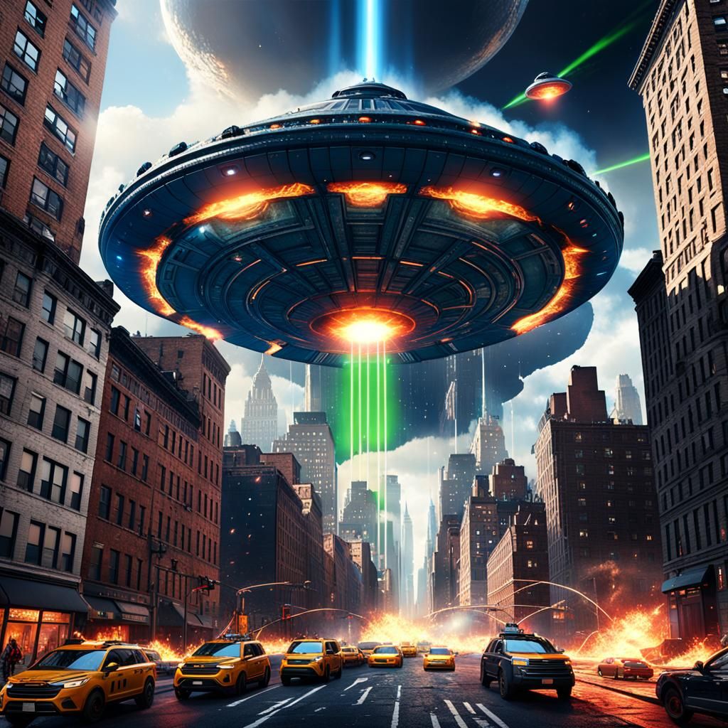 UFO over new York laser beam from under ufo destroying build...