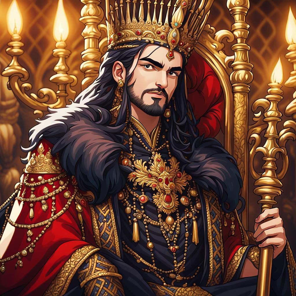 Zahak on Throne in Persian Miniature Style