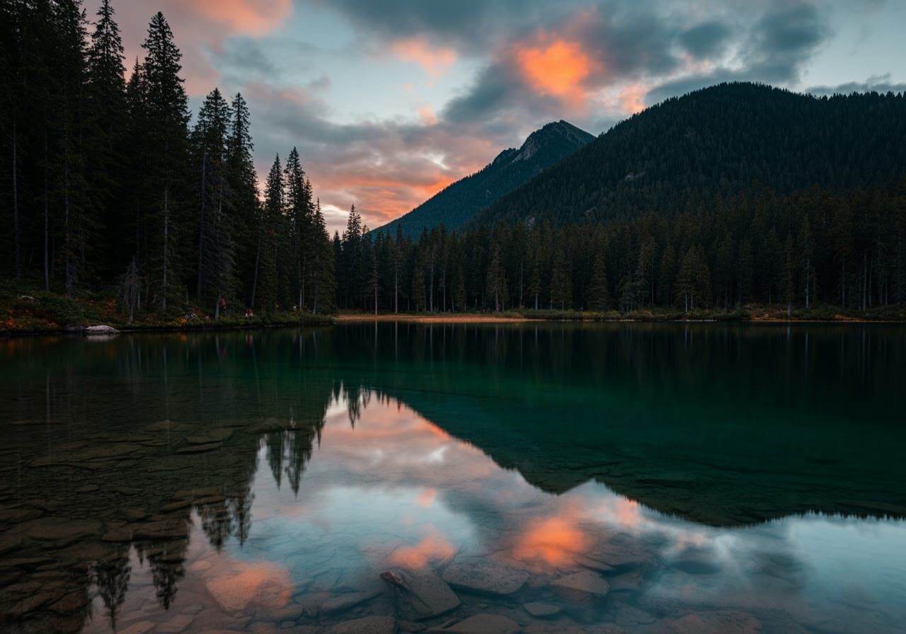 Ethereal Sunset over Tranquil Mountain Lake in Photorealisti...