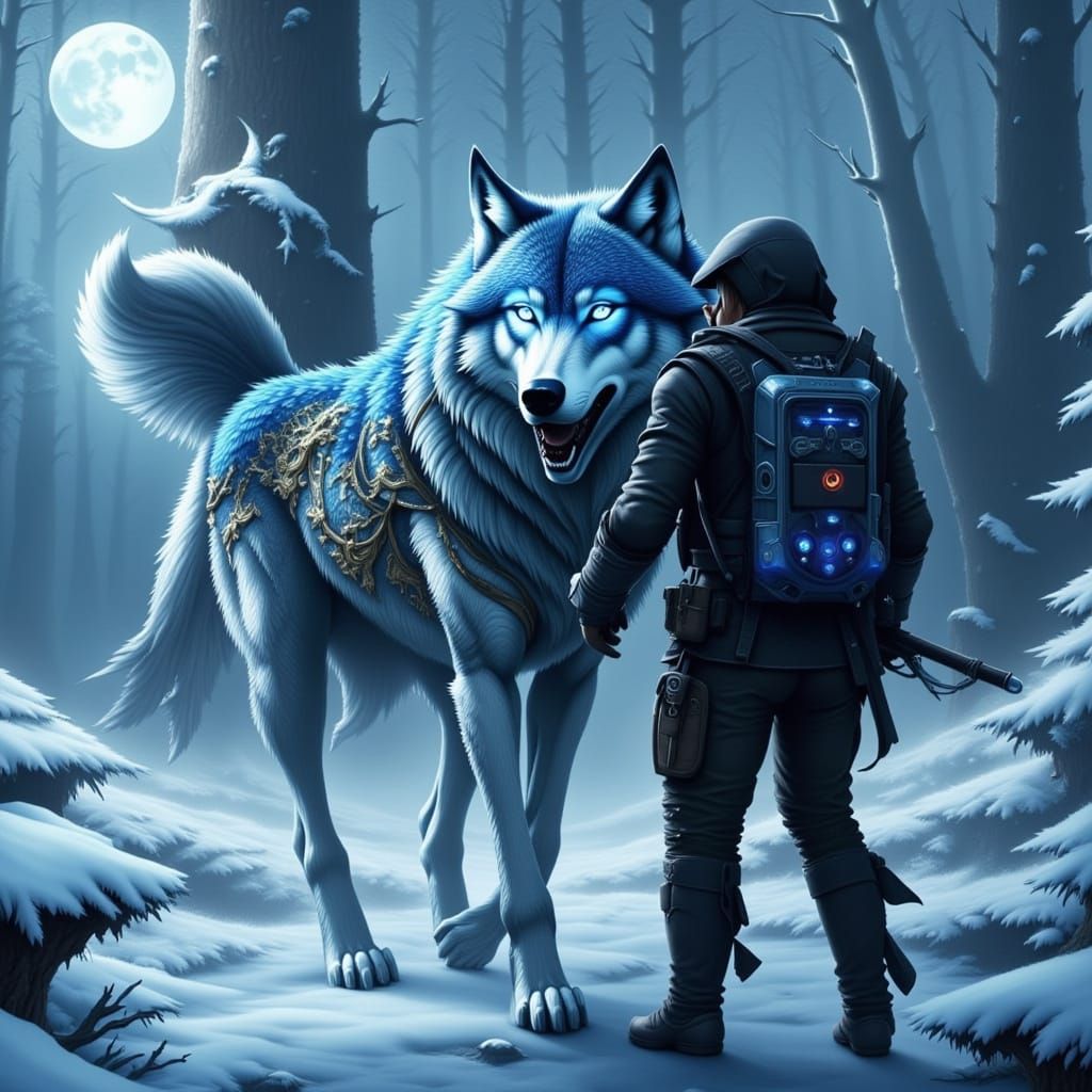 Cold as ice Wolf Shifter Alpha. <lora:Wolf Flux:1.0><lora:Wolf 3:1.0><lora:FLUX WOLF:1.0><lora:Spirit Wolf Guide:1.0>