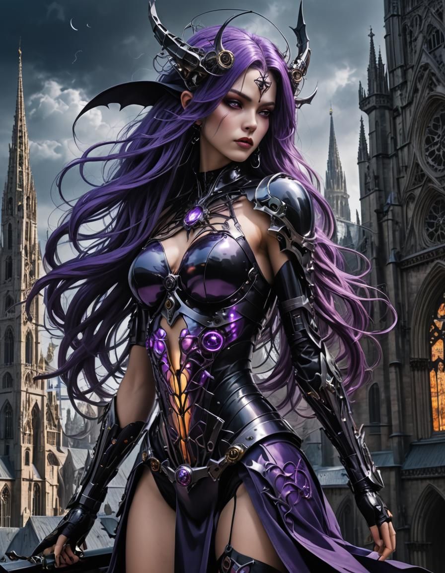 Cyborg Witch Casts Spell on Gothic Cathedral