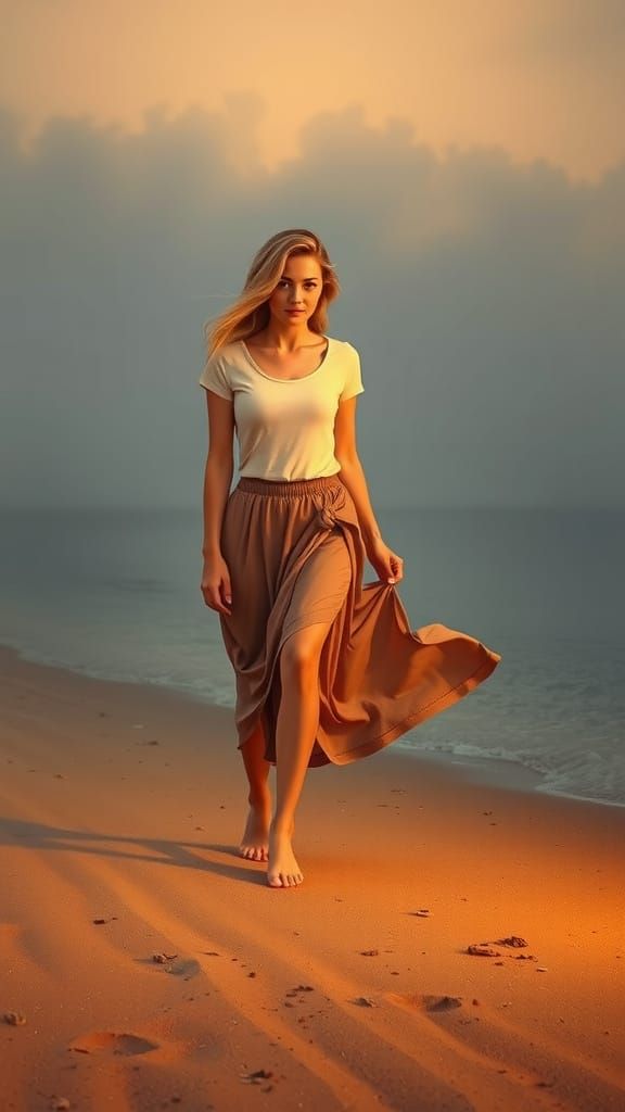 Woman Walking Beach at Dusk in Art Nouveau Style