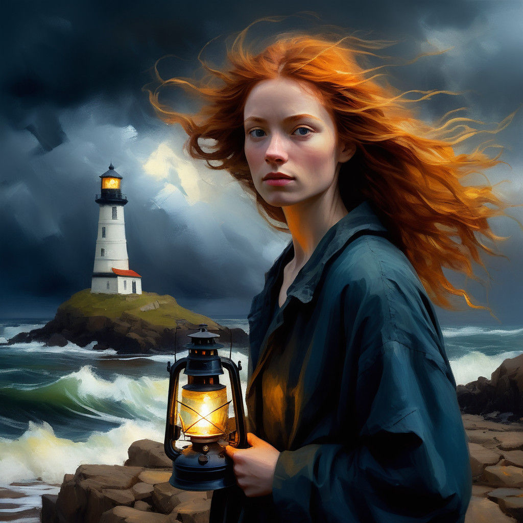 Ginger-Haired Woman Stands on a Rocky Beach, Gazing at a Sto...