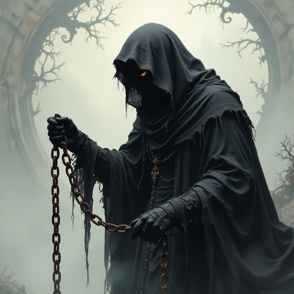 Gothic Figure Grips Chain in Mystical Setting