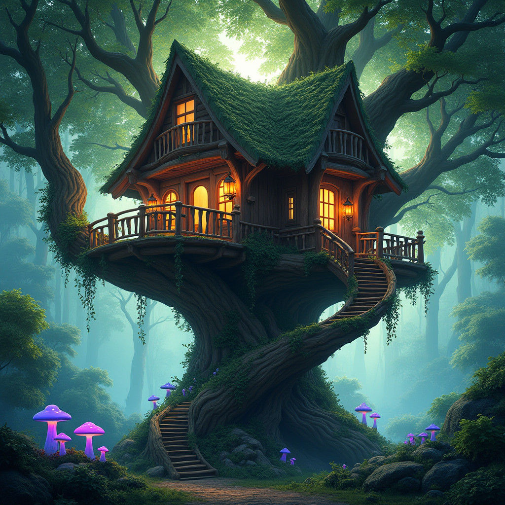 Enchanted Forest Treehouse with Luminescent Mushrooms