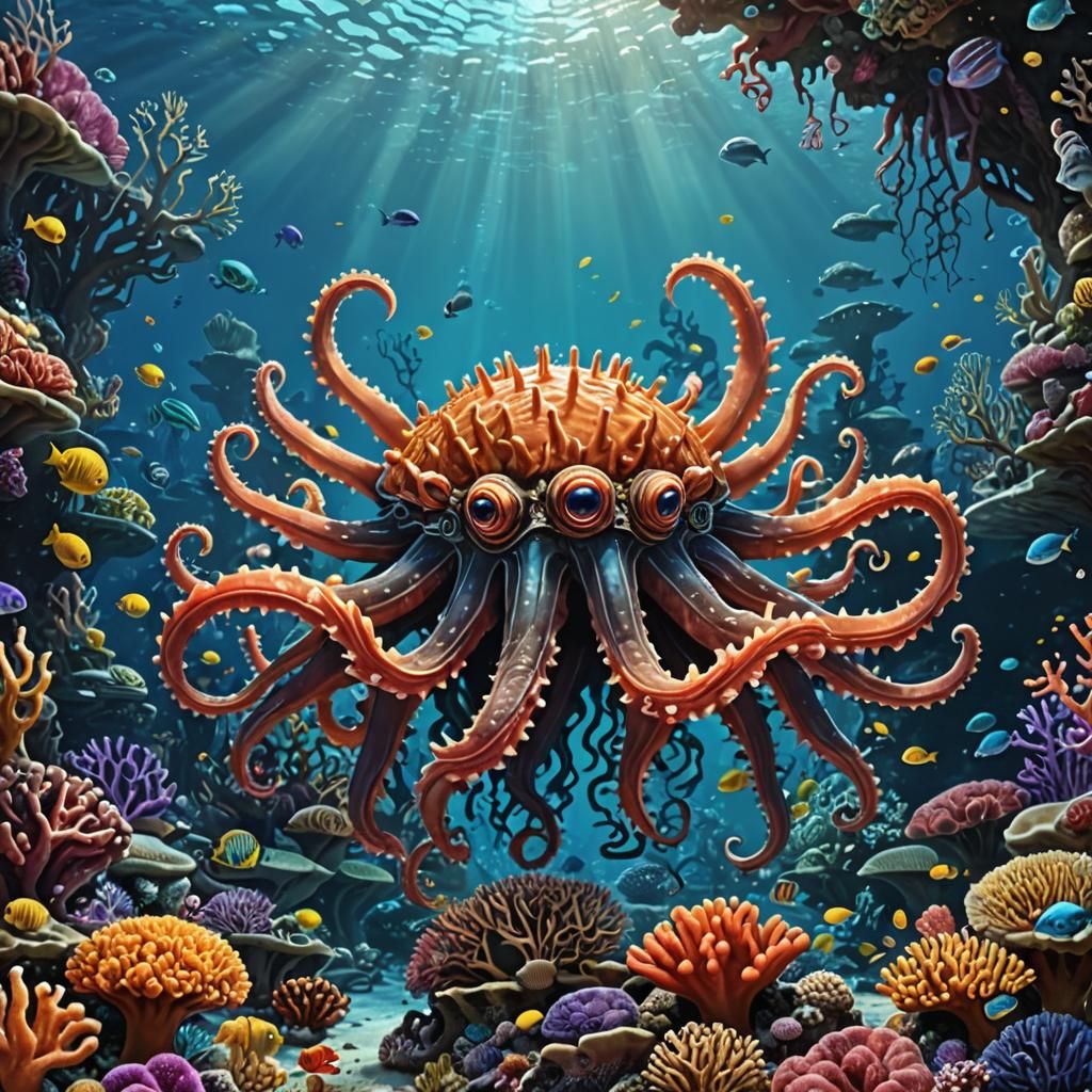 Fictional Spiked Tentacle Creature in Coral Reef