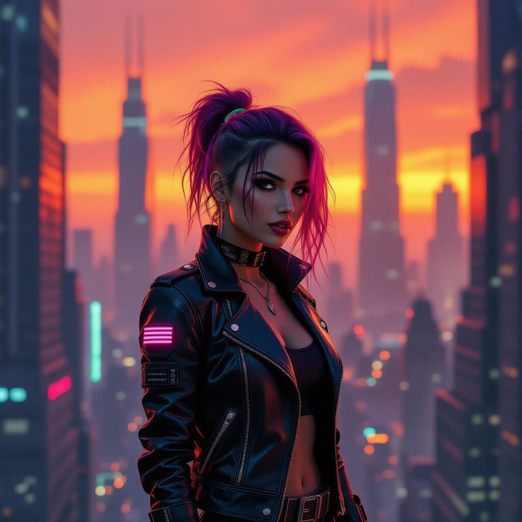 Cyberpunk Woman in Neon Cityscape
