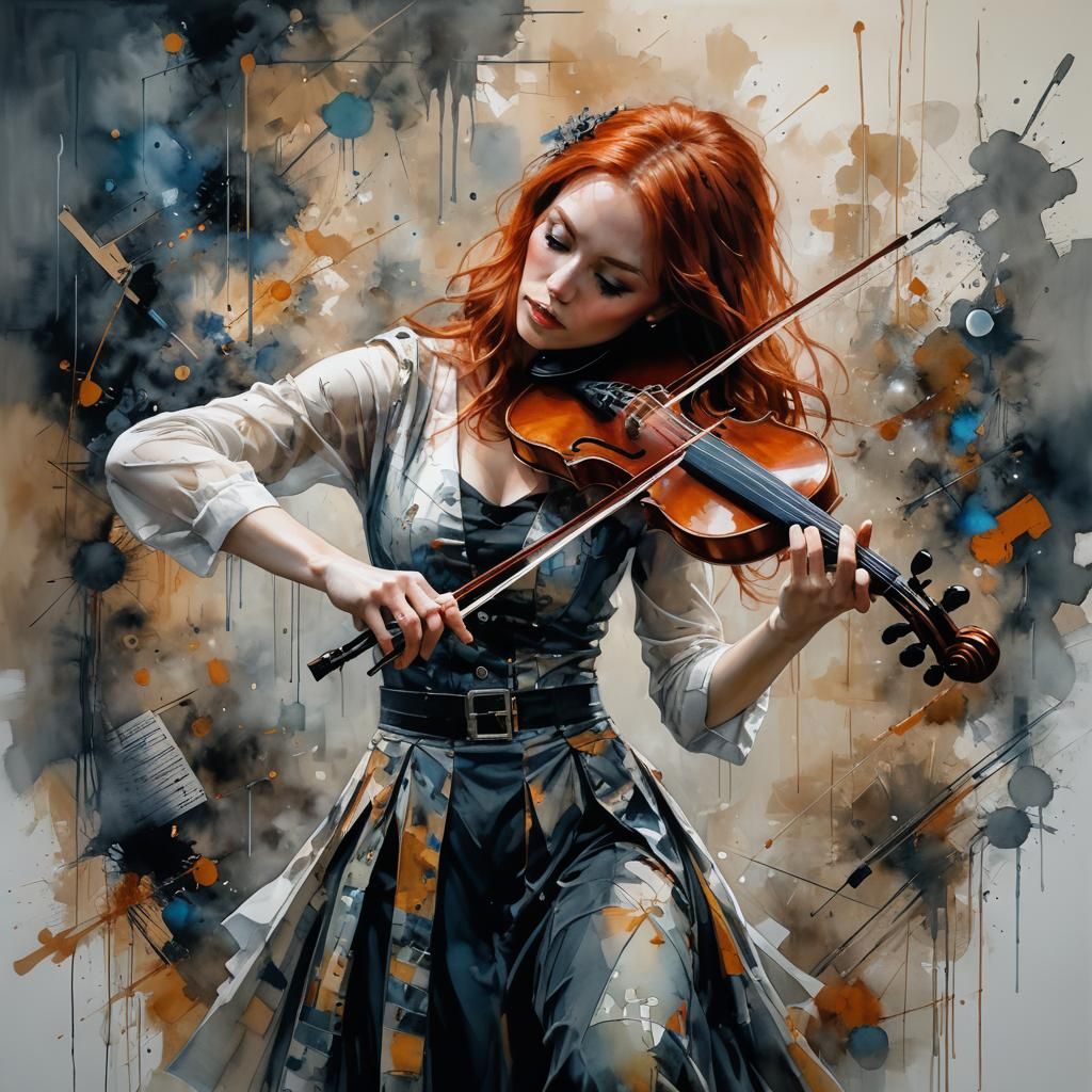 Redhead Hip-Hop Violinist: Surreal Alcohol Ink Masterpiece