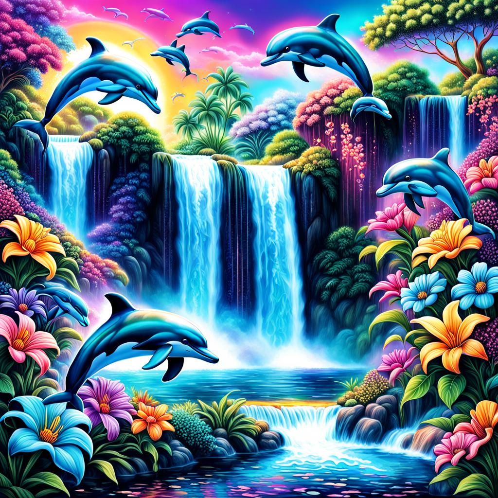 Lisa frank style waterfall with dolphins and flowers 2