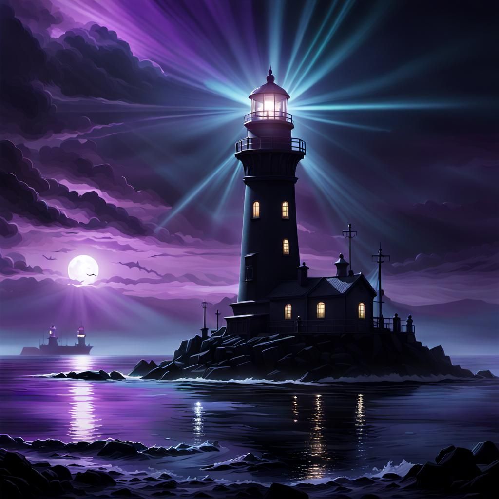 Lighthouse Silhouette in Sinister Lovecraftian Landscape