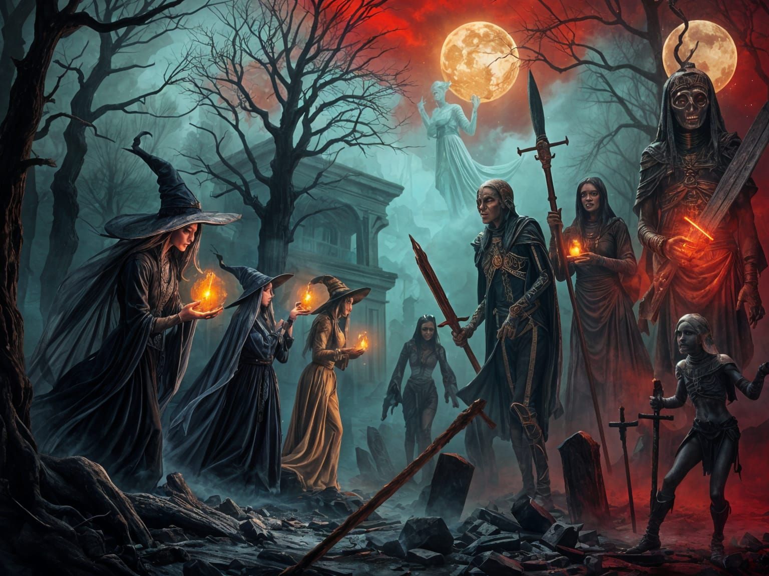 Mystical Witches in Misty Forest with Glowing Orbs