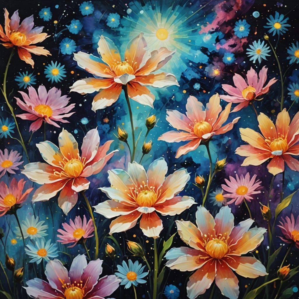 Surreal Cosmic Flowers: Abstract Impressionistic Image