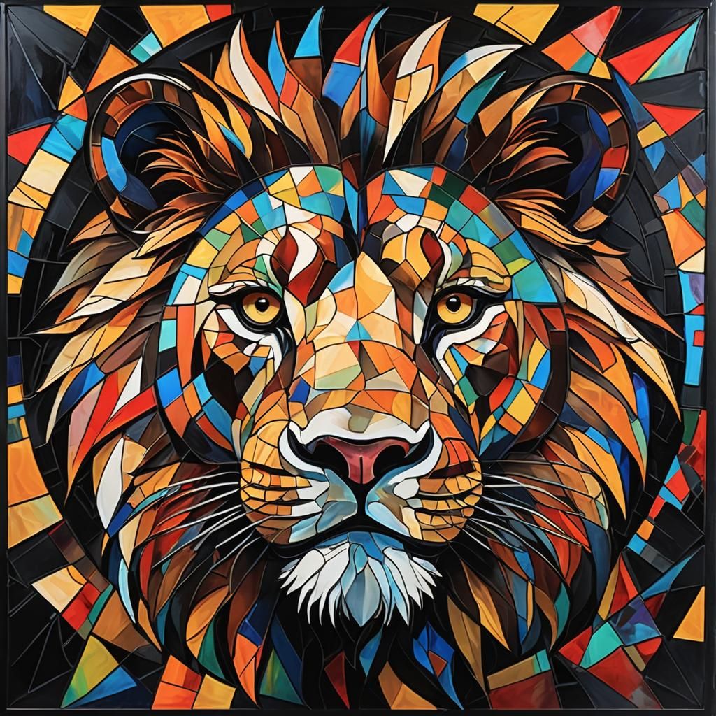 Neon Stained Glass Lion Cub in Impasto Style