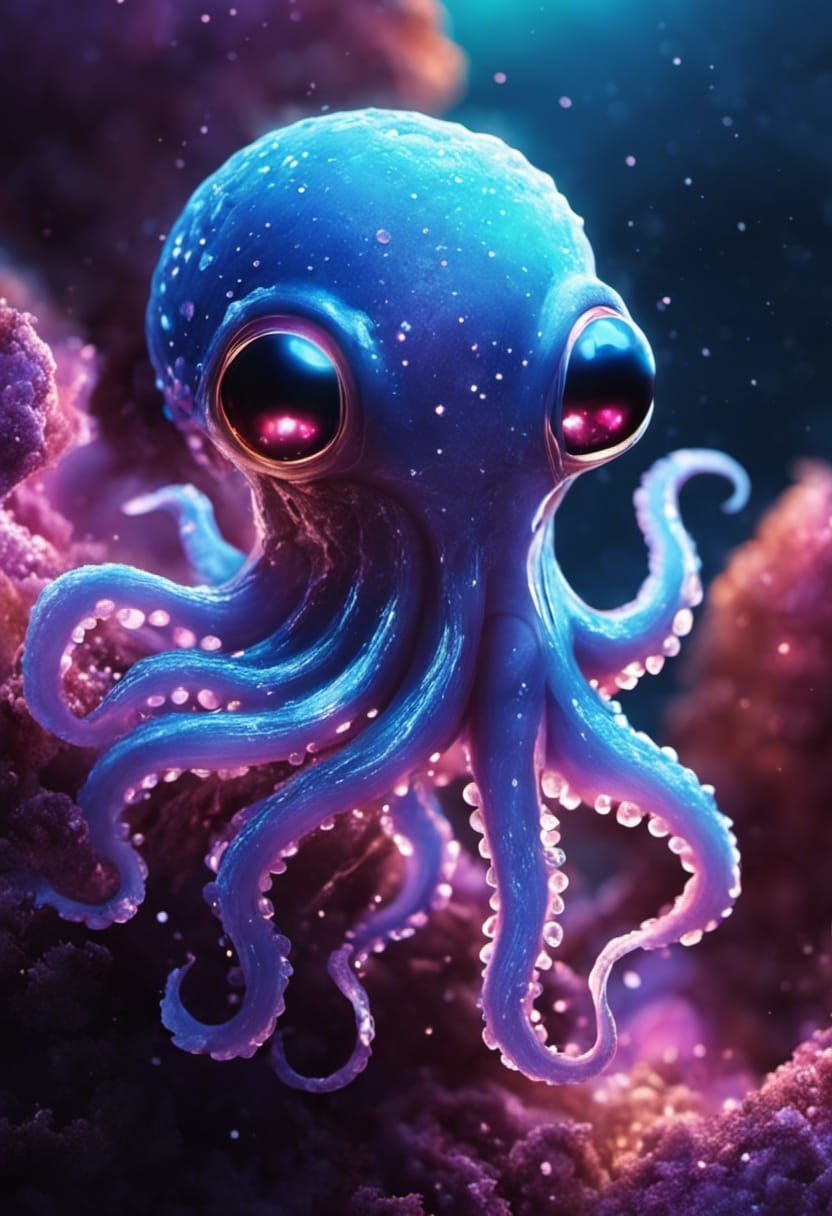 Bioluminescent Pearl Octopus in Crystal Cave: 3D Render