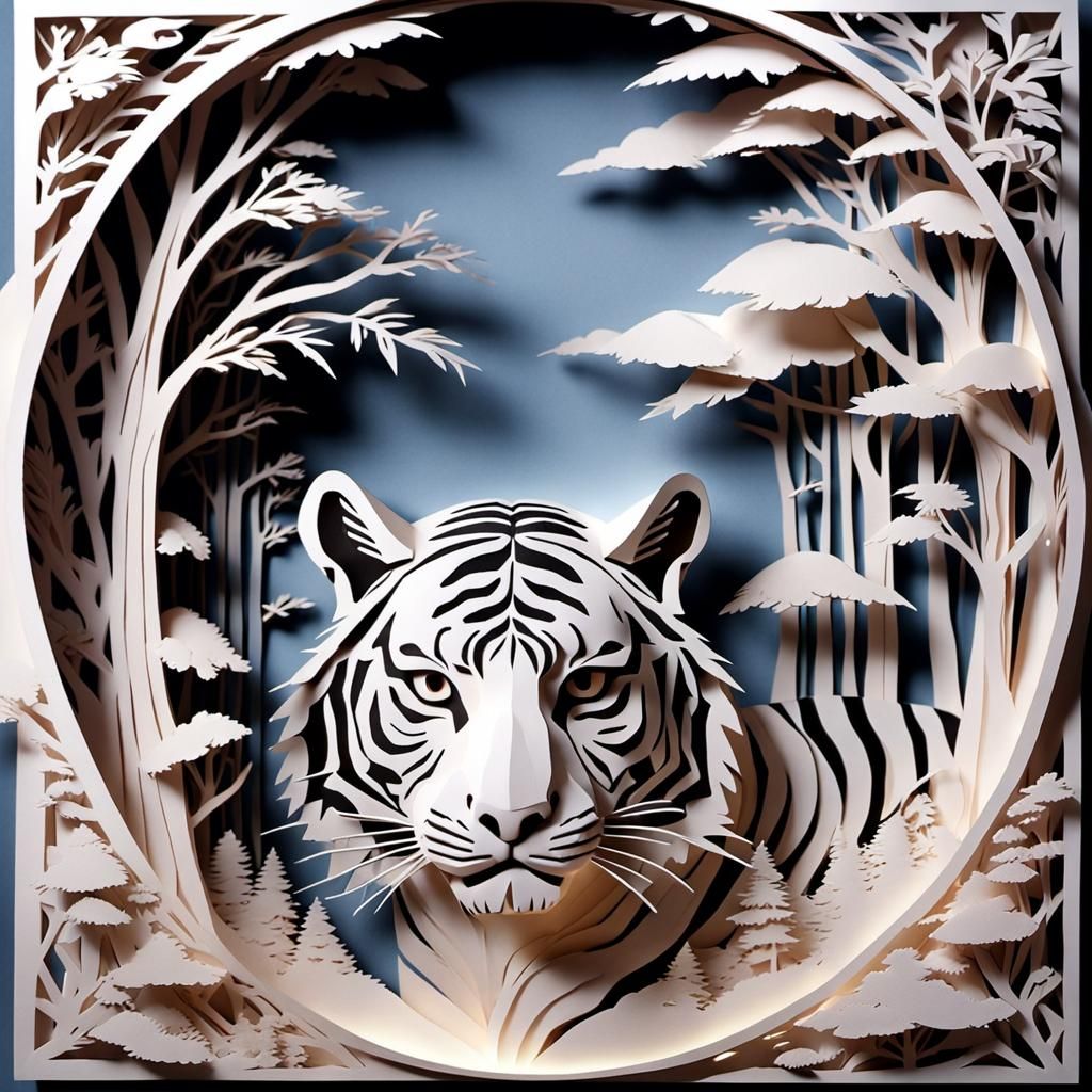 Kirigami Tiger in Paper Landscape: Hyperdetailed Art