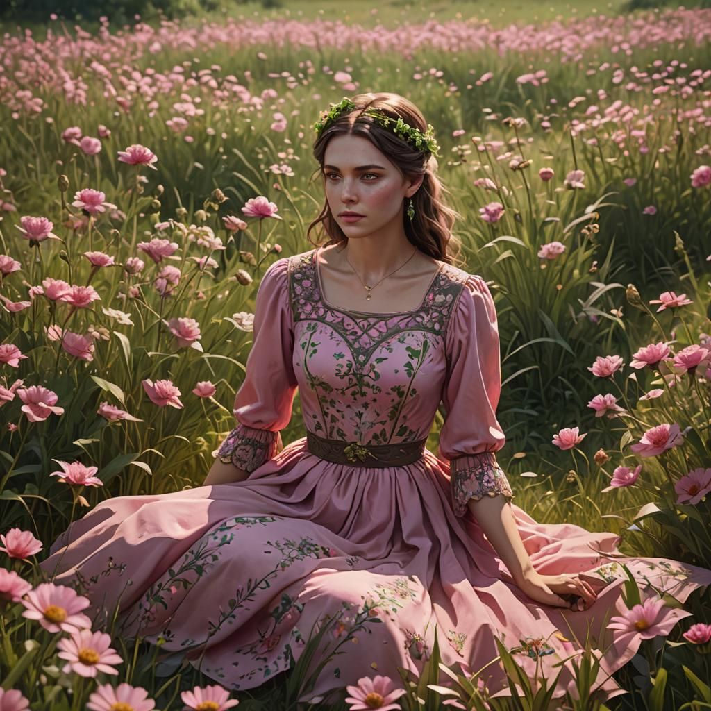 Girl in Flower Field: Detailed Matte Painting