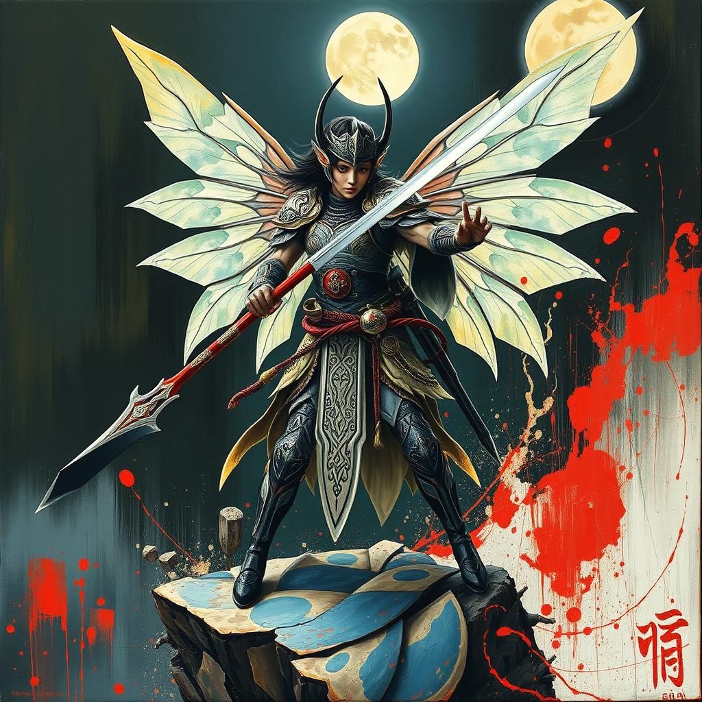 Fairy Elf Warrior in Moonlight, Impasto Palette Knife Style