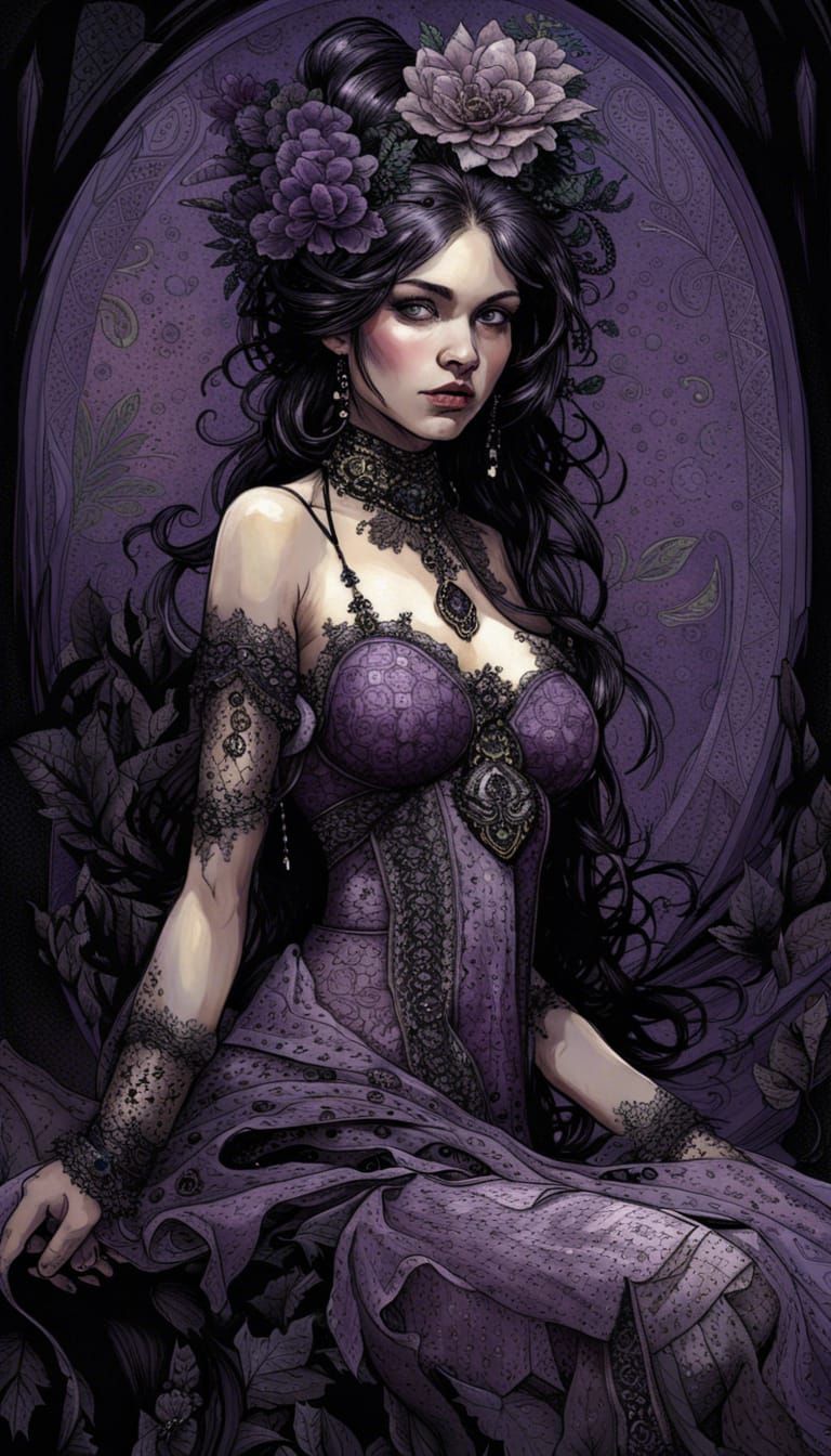 Glamorous Girl with Intense Gaze in Purple Nightgown