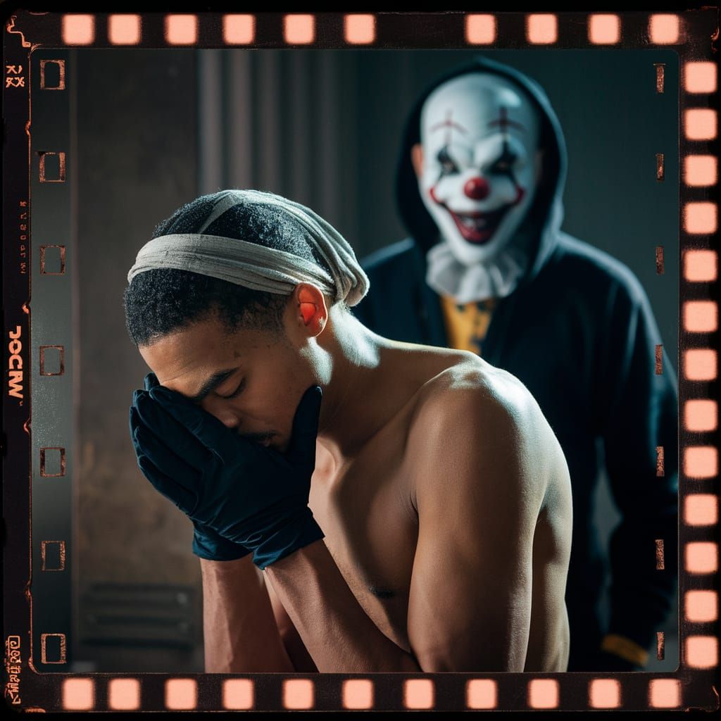 Cinematic Film Still of Man in Durag with Ominous Clown
