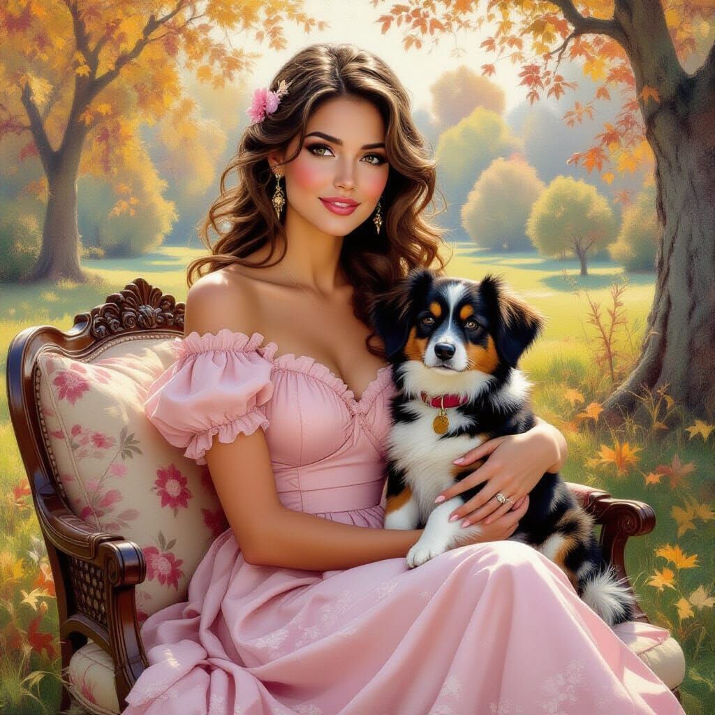 Ethereal Woman with Dog in Autumn Park