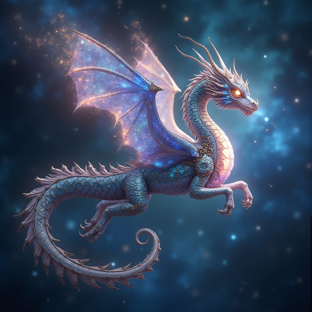 Clockwork Dragon Soaring Through Galaxy, Digital Art