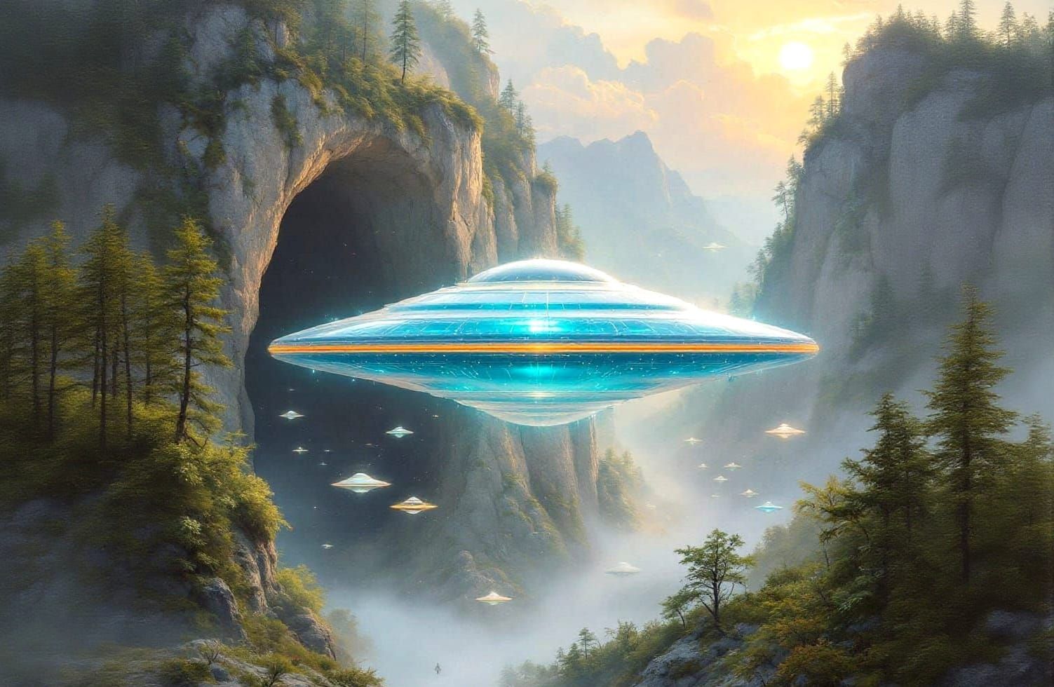 Glowing Teal Spaceships in Misty Valley Oil Painting