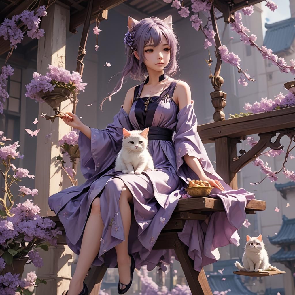 Anime Fairy on Swing with Kitten