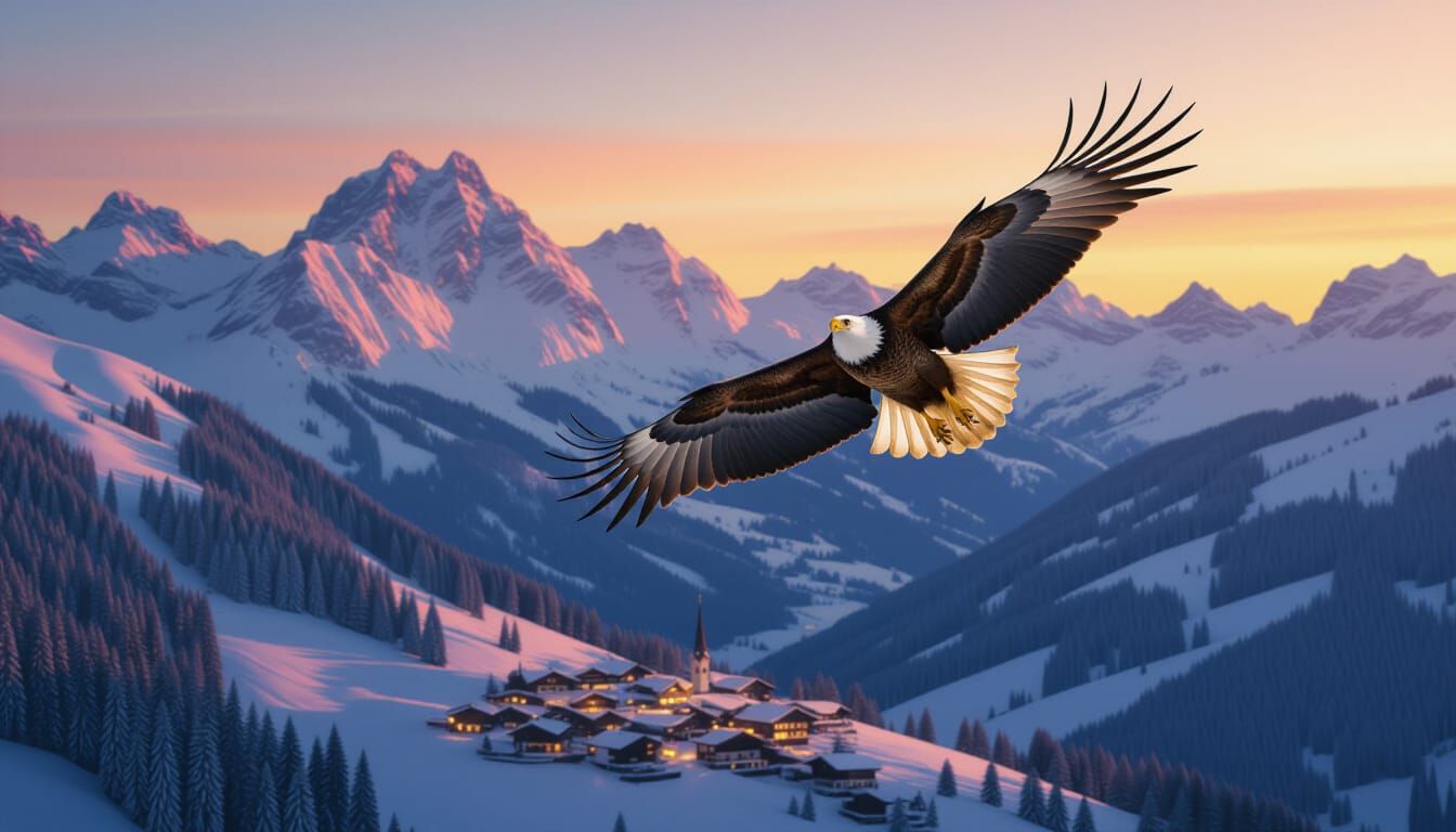 Eagle Soars Over Swiss Alps at Sunset