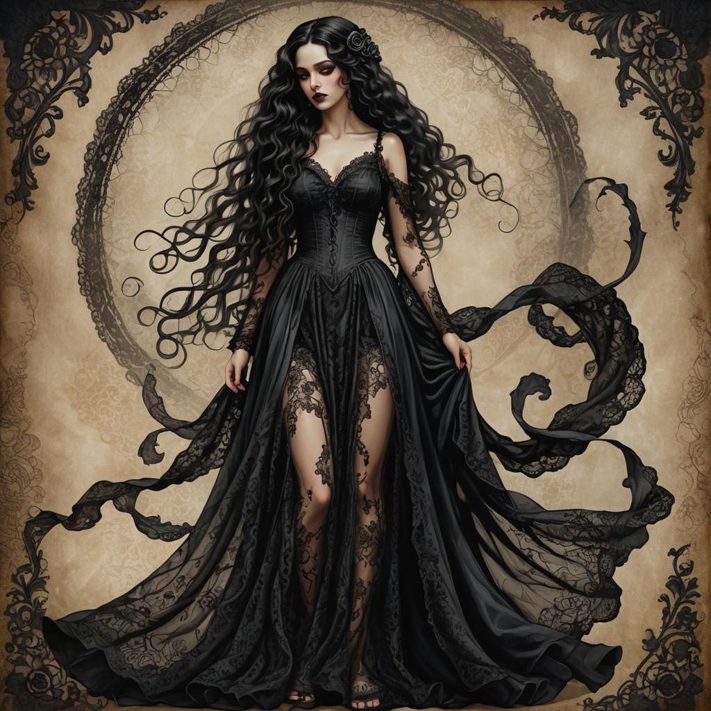 Gothic Woman in Lace Dress Illustration