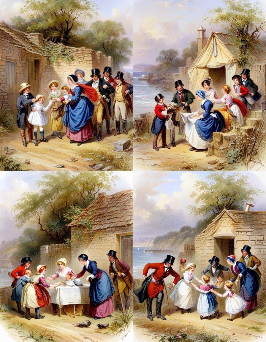 Charming Village Scene with Children, Watercolor Style