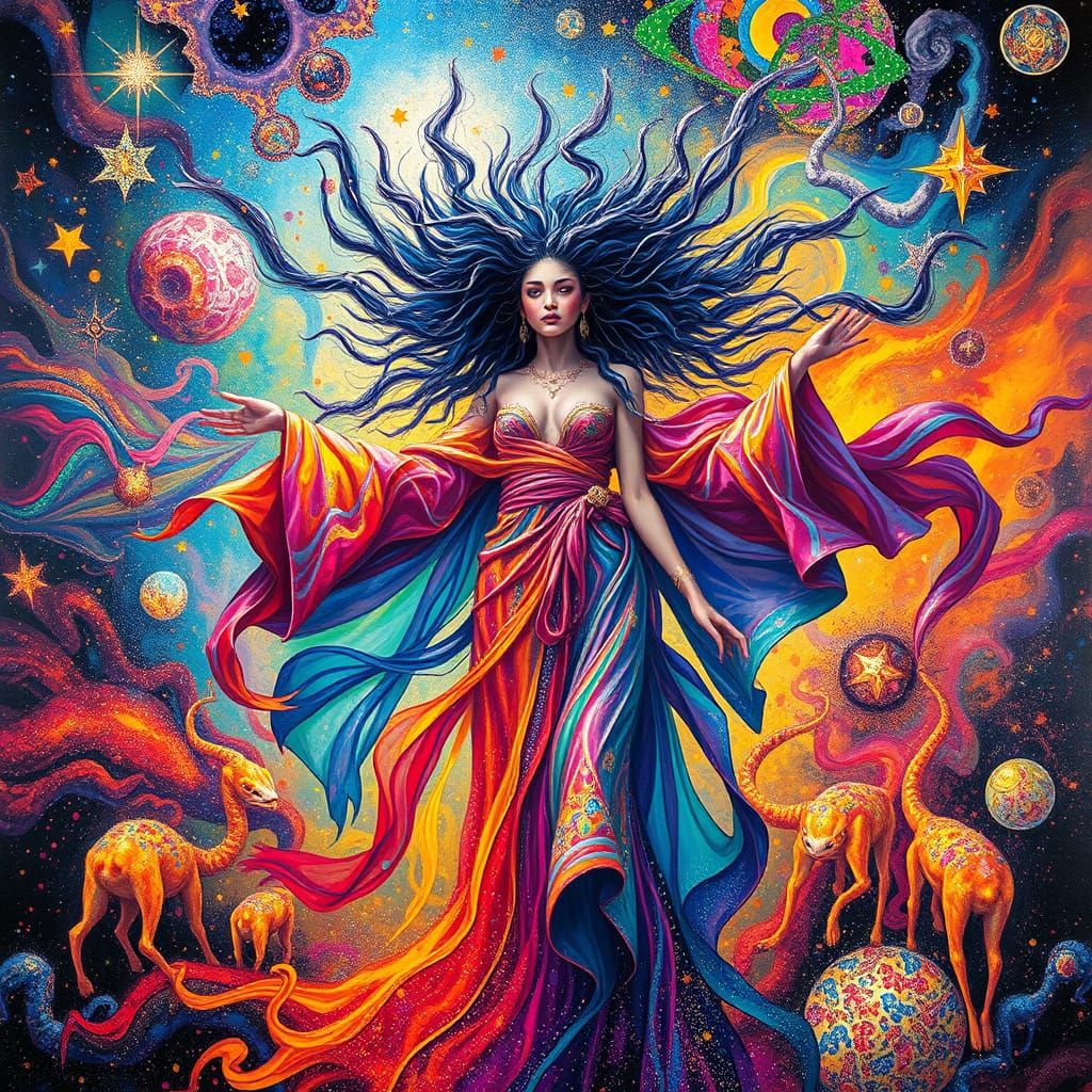 Ethereal Goddess Reigns in Vibrant, Cosmic Dreamscape