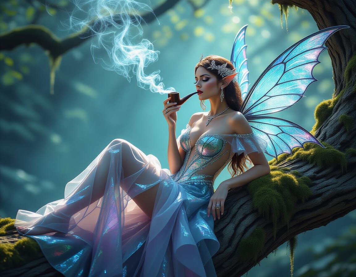 Fairy Smoking Pipe with Dragon Smoke, Blue Crystal Dress