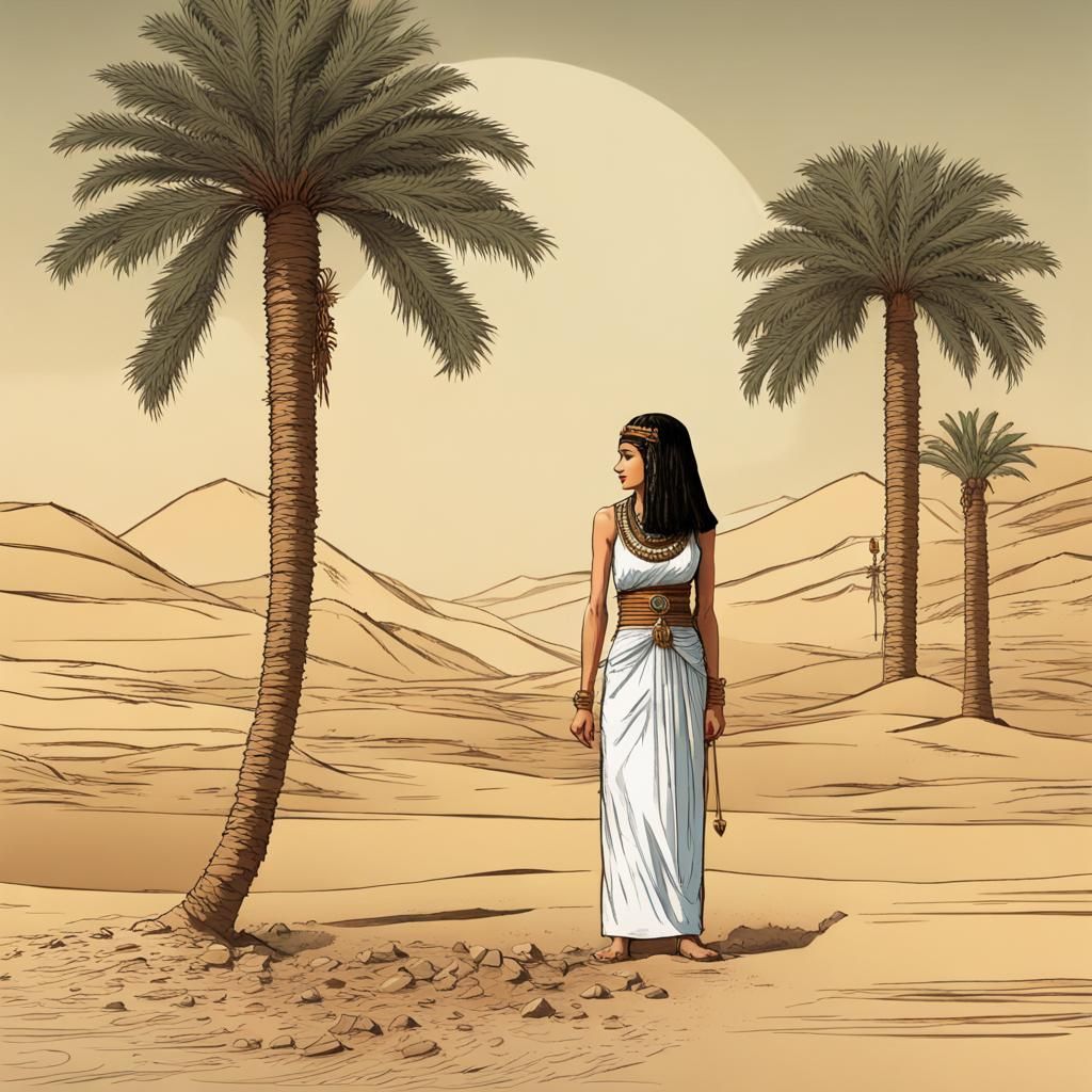 Egyptian Oasis Watercolor Painting with Ancient Woman