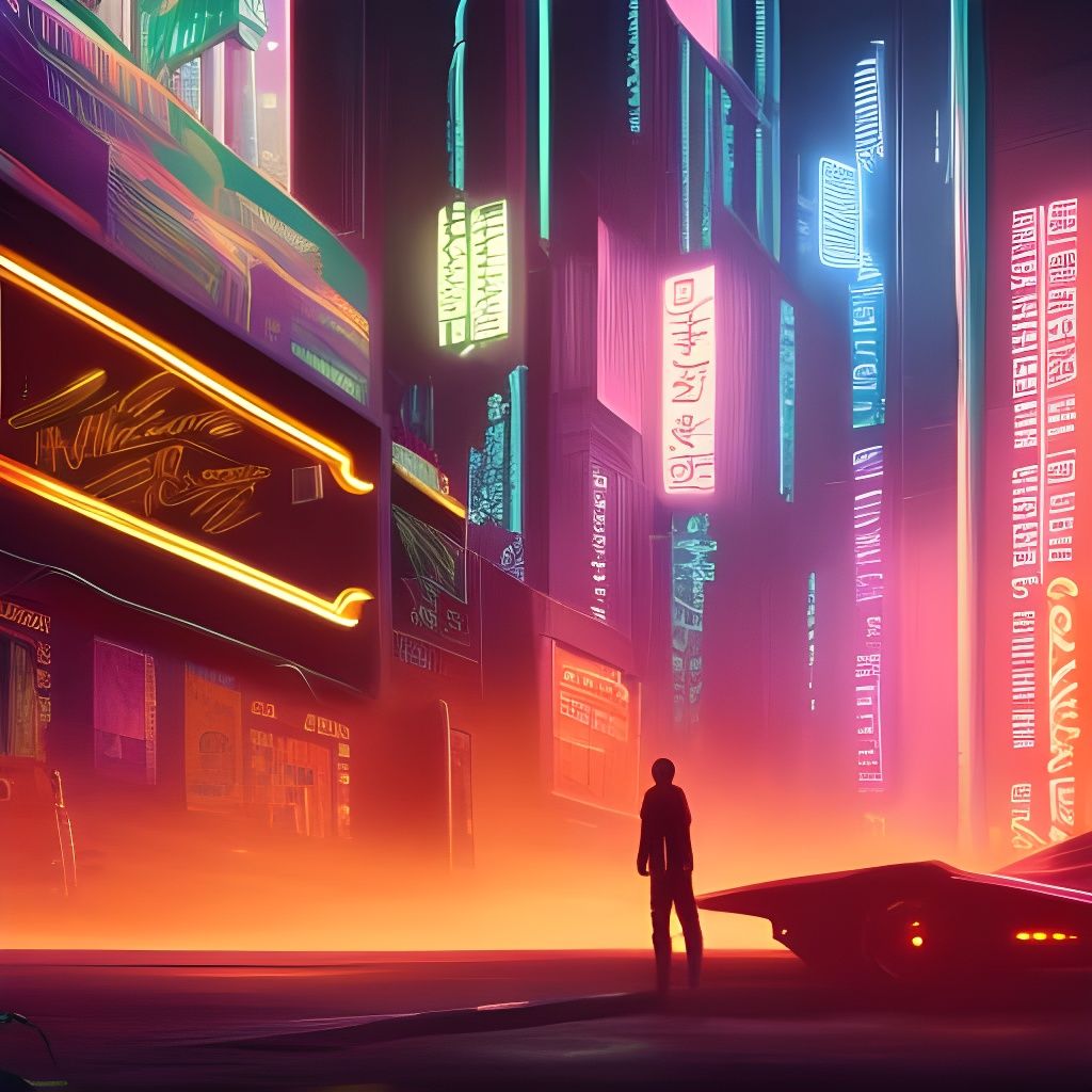 Neon Cyberpunk Bookstore in Detailed Matte Painting