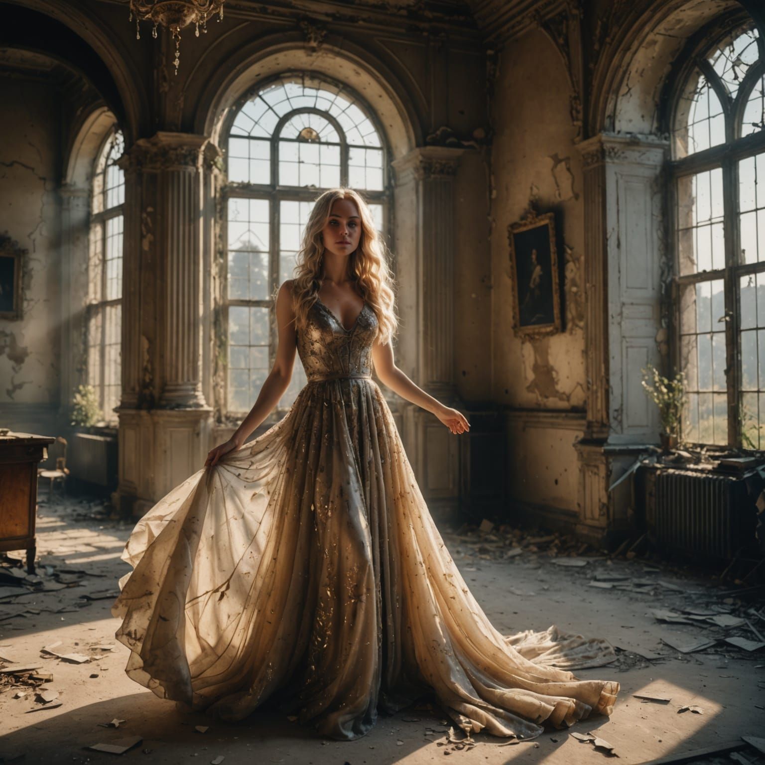 Woman in Silk Gown in Decayed Castle, Cinematic Style