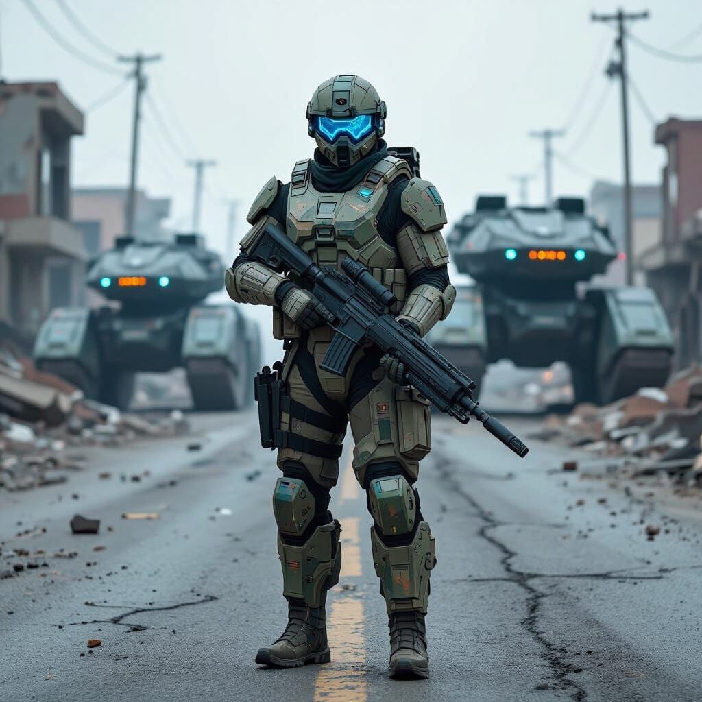 Futuristic Soldier in War-Torn Cityscape
