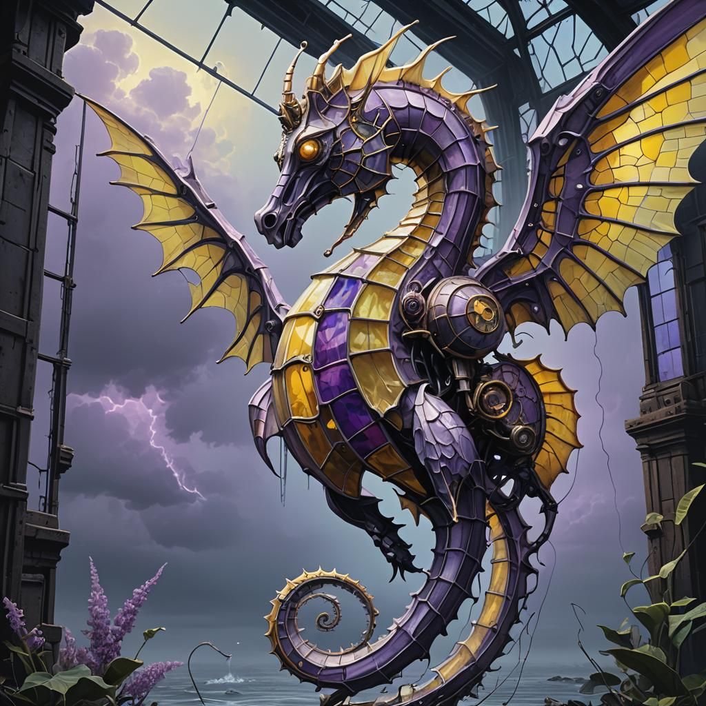 Biomechanical Seahorse Serpent with Stained Glass Wings
