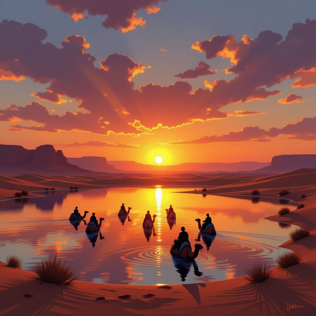 Desert Sunset Lake with Swimming Camels