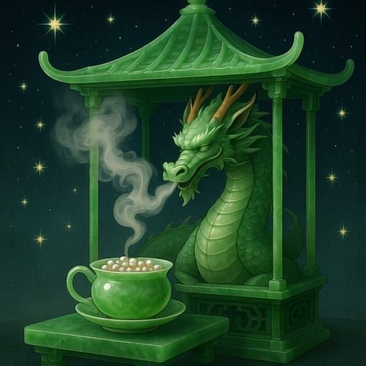 A dragon relaxing inside a starlit jade pagoda drinking drag...