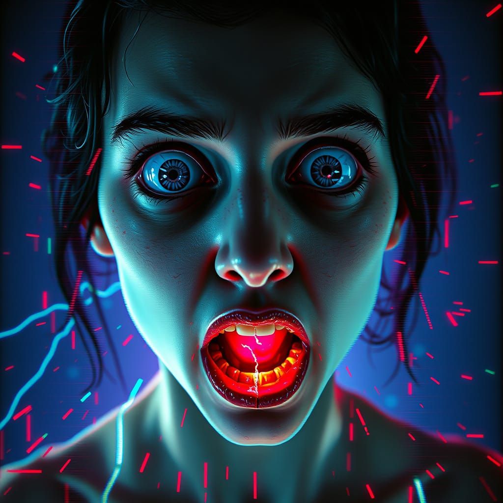 Glitching Portrait in Dark Romantic Cyberpunk Style