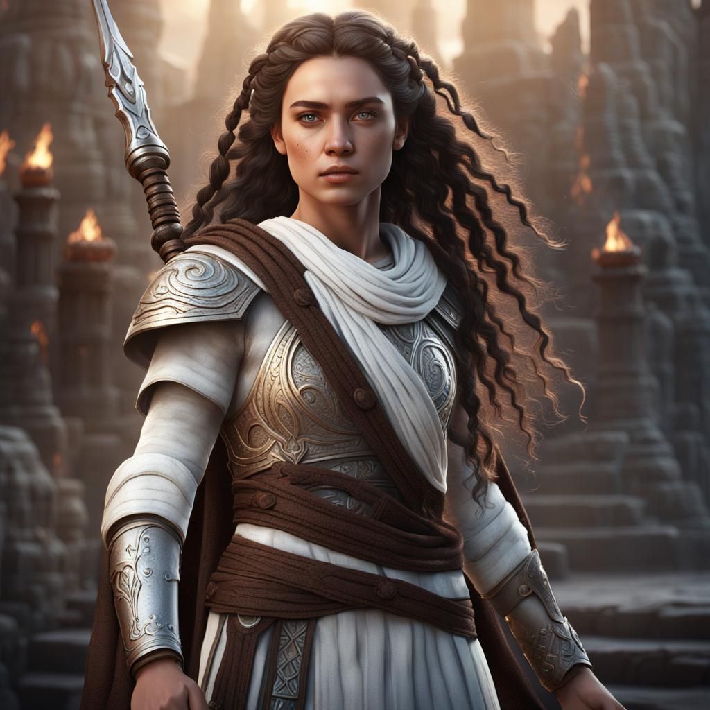 18 year old Female woman with long curly braided dark brown hair fair skin as the "white crystal  roman jedi warrior