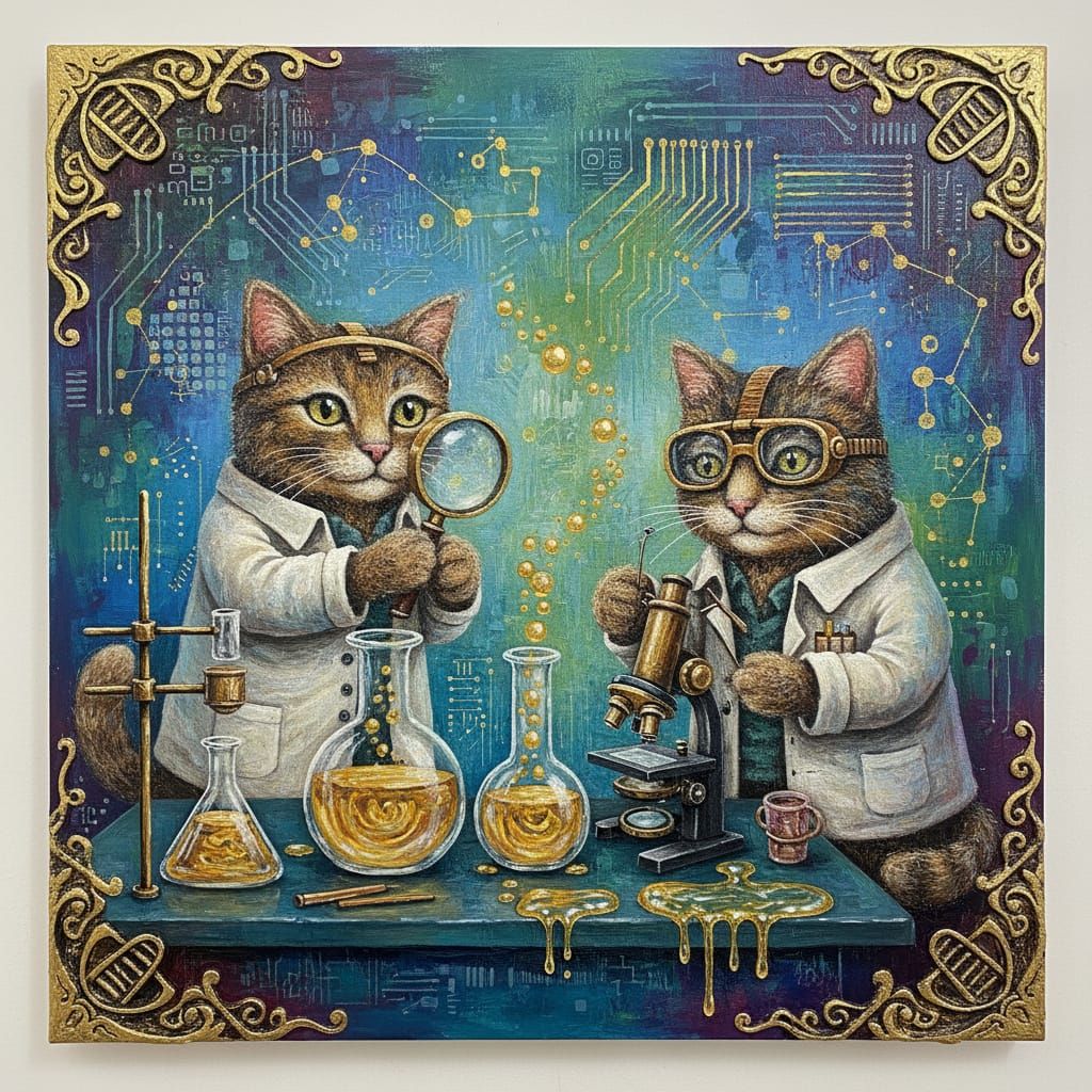 Intelligent Science Cats in Mixed Media Masterpiece